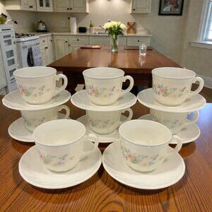 Vintage ARCOPAL France Victoria Floral Milk Glass Tea Cup Saucer | 8 Sets